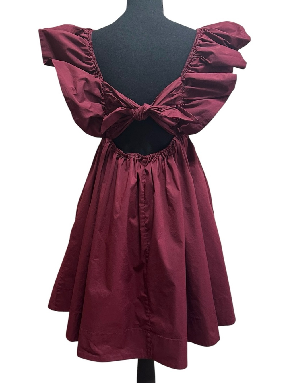 Day + Moon. Plunging V-Neck Ruffle Sleeve Mini Dress in Burgundy - Picture 4 of 6